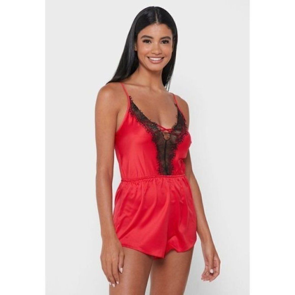 Cherryann Satin Romper Style Teddy Red Black Lace Lingerie - Picture 5 of 9